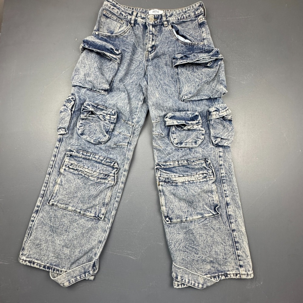 Rise Supply Co Women's 7 Blue Acid Wash Baggy Cargo Jeans Y2K Multi Pocket Denim